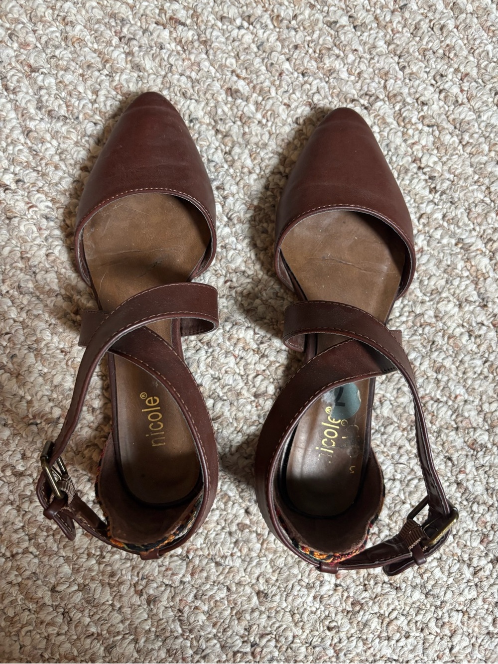 Nicole Brown Pointed D'Orsay Ankle-Strap Flats